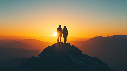 Silhouetted couple standing on a mountain peak during a vibrant sunset with vivid colors in the sky. Generative AI