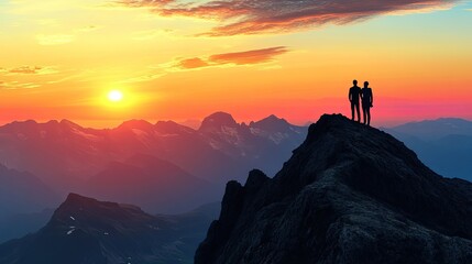 Silhouetted couple standing on a mountain peak during a vibrant sunset with vivid colors in the sky. Generative AI