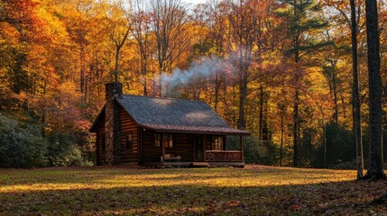 Rustic wooden cabin with smoke coming from the chimney, surrounded by vibrant autumn trees in a forest setting. Generative AI