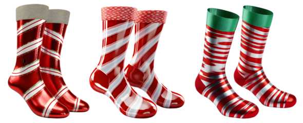 Festive Christmas sock with red and white stripes and green accents for holiday decor on transparent background