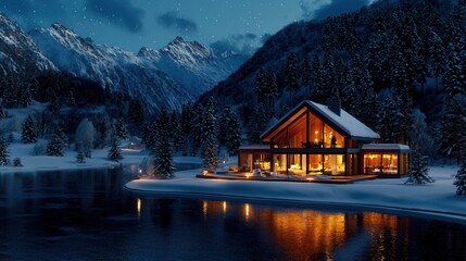 Fototapeta premium Cozy Winter Cabin Surrounded by Snowy Mountains and Pine Trees