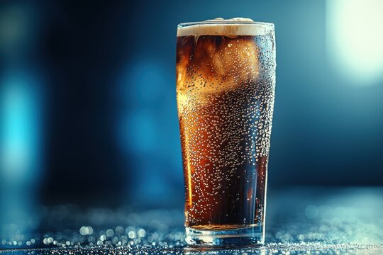 Refreshing cola drink in a tall glass with ice, condensation droplets on the glass surface against blurred blue background, perfect for summer refreshment.