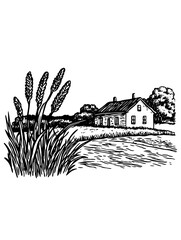 Vector engraved illustration of rural landscape featuring house by the water with reeds at sunset