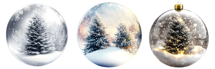 Beautiful Christmas ornament with snowy winter scenes and festive reflections on transparent background