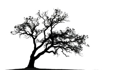 Single, majestic tree silhouetted against a pure white backdrop, trunk, landscape