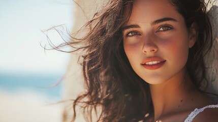 Attractive woman, brown hair, beach, white walls, brown eyes, makeup, gentle waves, blue sky, soft natural light, peaceful atmosphere, realistic portrait.