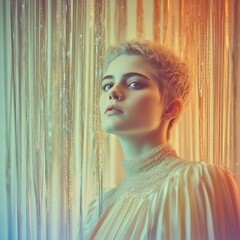 Elegant woman with short blonde hair, shimmering gown, silver curtains, warm yellow to cool blue gradient background, serene captivating gaze, dramatic portrait.
