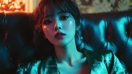 Beautiful Korean woman with dark hair, wearing a silk top, lying on the sofa, looking up at the camera, dramatic lighting, green edge light, editing photo style, authentic aesthetics.