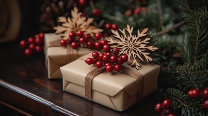 Rustic Christmas background with two gift boxes wrapped in kraft paper decorated with red berries and wood snowflakes on a dark wood desk.