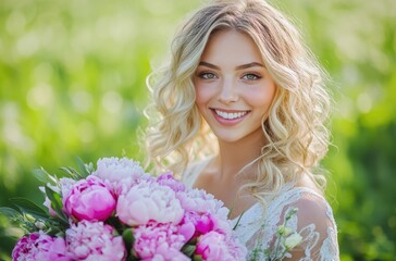 Fototapeta premium a blonde woman in a white dress, smiling and holding a bouquet of pink peonies. The background features green grass