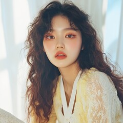 Asian women's photos, long curly hair, wearing light yellow, pink cheeks, powder blusher, bright red lips, soft light, sitting in front of the camera, clean background, warm colors, elegant portraits.