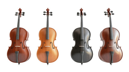 Various styles of violins displayed in a row showcasing different colors and designs