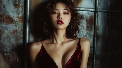 Beautiful Korean woman with curly hair and red lips, wearing a deep burgundy silk top, posing in front of an old metal wall, staring at the camera, editing photos of high fashion magazine covers.