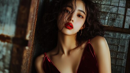 Beautiful Korean woman with curly hair and red lips, wearing a deep burgundy silk top, posing in front of an old metal wall, staring at the camera, editing photos of high fashion magazine covers.
