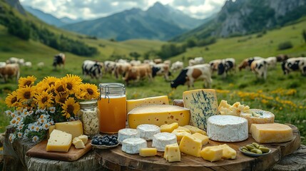 Fototapeta premium Rustic table with natural cheese selection against a pasture with cows.