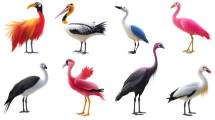 Colorful collection of various bird species standing together in an artistic display