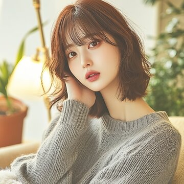Beautiful Asian woman with short hair and delicate features posing in living room, wearing gray sweater. Soft warm lighting highlights her cute face, blurred background for elegant portrait photoshoot