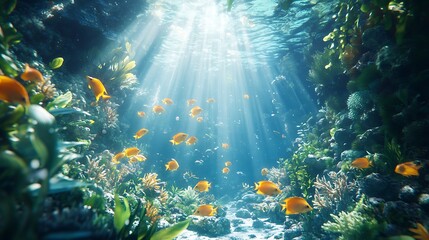 Obraz premium Underwater Eden: A vibrant marine scene teeming with life, featuring a school of orange fish swimming amidst a coral reef, with sunbeams filtering down through the water