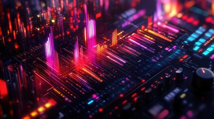 Fototapeta premium Abstract multicolored waves of glowing light resembling a vibrant digital landscape in motion. Generative AI