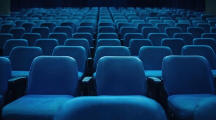 Naklejka premium Rows of blue theater seats facing forward towards the stage