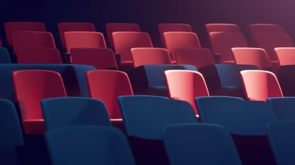 Obraz premium Rows of red and blue theater seats are illuminated slightly