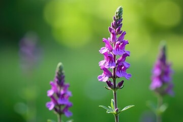 Obraz premium Tall thin purple flowering salvia with a few leaves and stem,, salvia plant