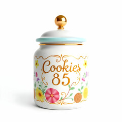 A white ceramic cookie jar decorated with floral embellishments and text
