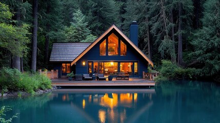 Fototapeta premium Charming Lakeside Cabin Surrounded by Lush Green Forest