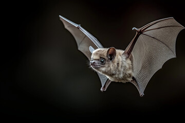 Bat in Flight: A captivating moment of a bat soaring in mid-air against a dark background, showcasing the unique features of its wings and body. 