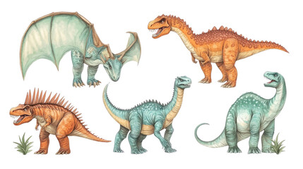 Colorful illustrations of various dinosaurs in a prehistoric setting with distinct features and poses showcasing their diversity