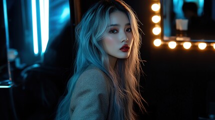 Portrait of an Asian woman with long silver hair, posing in front of a mirror at night, illuminated by neon lights, wearing a light gray top, staring at the camera, with a dark background.