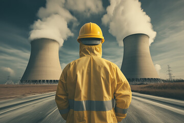 Obraz premium Observing Energy: A worker in protective gear surveys a nuclear power plant, two cooling towers releasing steam, with a sense of safety and environmental responsibility.