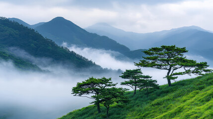 Lush green hills with Korean pine trees and misty mountains in background , Korean Pine Concept