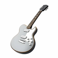 A modern silver electric guitar leaning against a white background