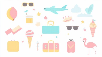 Pastel travel icons; plane, luggage, summer; website banner