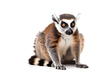 Ring-tailed Lemur Portrait: A captivating close-up of a ring-tailed lemur, showcasing its expressive eyes and distinctive black and white ringed tail against a clean white background.