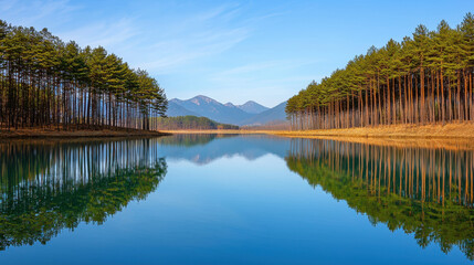Fototapeta premium serene lake surrounded by tall trees and mountains reflecting in water , Korean Pine Concept