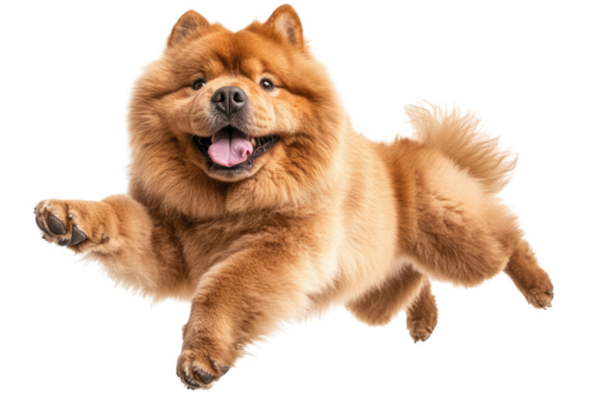 Chow Chow dog joyfully jumping in a playful manner against a bright white background