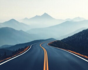 Naklejka premium Traveling Country Road Concept, Winding road through misty mountains