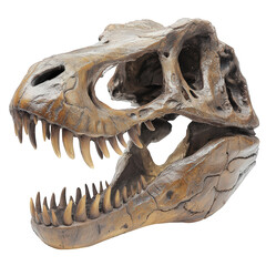 Naklejka premium Fierce dinosaur skull with sharp fangs, showcasing intricate details and realistic appearance. This striking piece evokes sense of ancient power and mystery