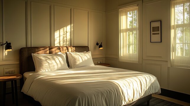  Cozy American-Style Hotel Bedroom Interior with King-Sized Bed, White Linens, Beige Headboard, Soft Morning Sunlight, Large Windows, Wooden Nightstand, Minimalist Lighting, Tranquil Comfort.
