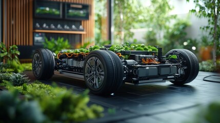 A modern electric vehicle manufacturing facility features sustainable production methods. Advanced technology is integrated with natural elements, showcasing innovation in eco-friendly transport