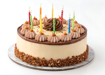 A delicious, freshly baked birthday cake with elegant toppings, perfectly isolated on a white background for food photography.