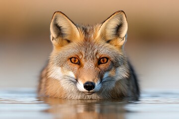 Obraz premium A desert fox drinking from a quiet oasis at dawn, with soft golden light illuminating the scene