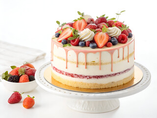 A delicious, freshly baked birthday cake with elegant toppings, perfectly isolated on a white background for food photography.