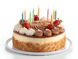 A delicious, freshly baked birthday cake with elegant toppings, perfectly isolated on a white background for food photography.
