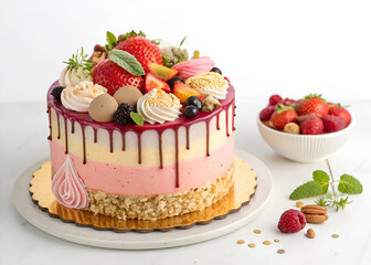 A delicious, freshly baked birthday cake with elegant toppings, perfectly isolated on a white background for food photography.