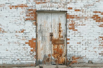 Photo of White brick wall with old rustic door in european city. Background texture for backdrops or mapping