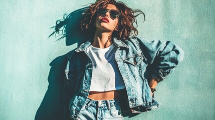Fashion photo showcasing a woman wearing a denim jacket and white T-shirt, sunglasses, posing on the street with a blue wall background, highlighting a minimalist, modern, and urban streetwear style.