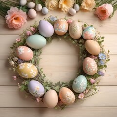 Elegant wooden Easter eggs featuring intricate floral wreath designs, ideal for holiday-themed projects and seasonal inspiration